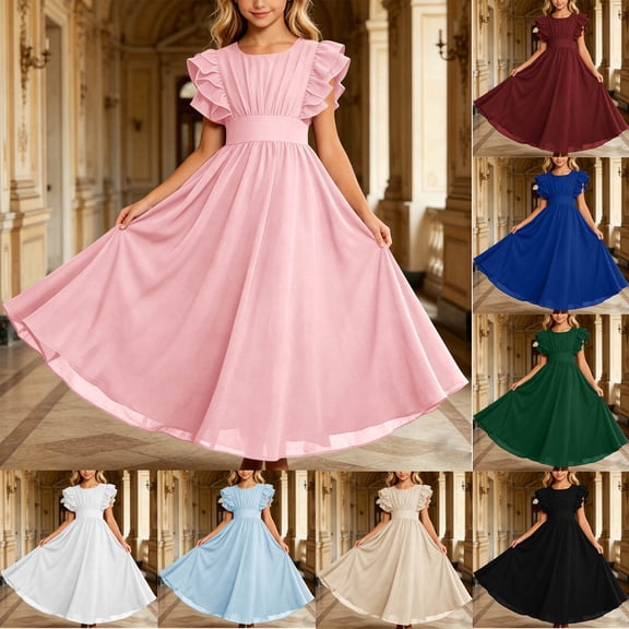 ITSAME Flower Girls Tunic Dress Ruffle Fly Sleeve Boat Neck A-Line Wedding Party Pageant Gown Pink Size 10