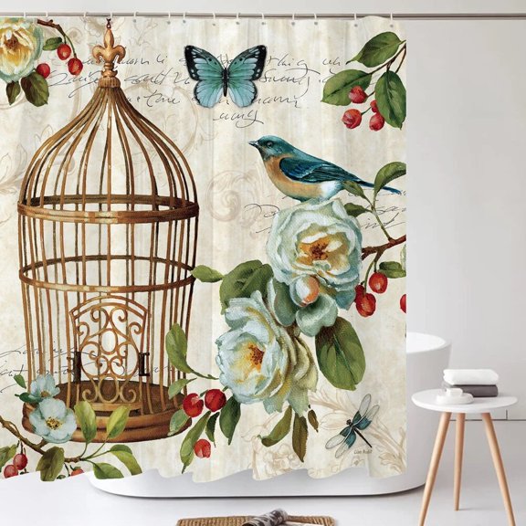 Flowers Birds Butterfly Shower Curtain Bathroom Curtains European Retro Print Waterproof Polyeste Fabric Bathtub Decor with Hook
