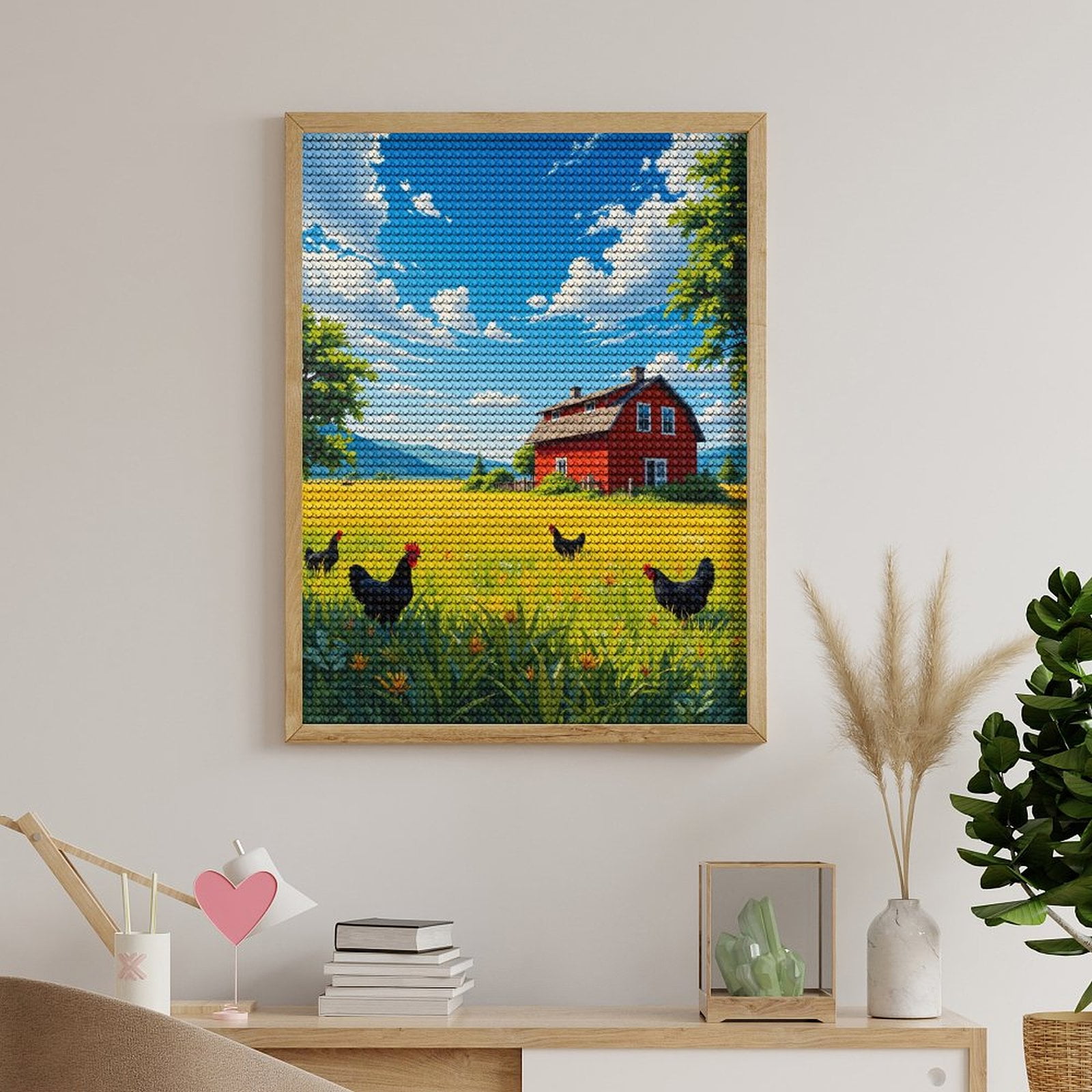Diamond Art Kits for Adults, Farmhouse Meadow Blue Sky Chickens 5D Diamond Painting Kits for Adults Beginners, DIY Full Drill Diamond Painting, Gem Art and Crafts 12x16