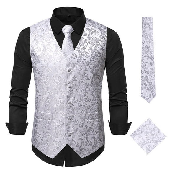 Xysaqa 3PC Mens Vest Tie Set Slim Fit Formal Waistcoat, Paisley Floral Necktie Pocket Square Suit Vests Waistcoat for Wedding Party Business M-3XL