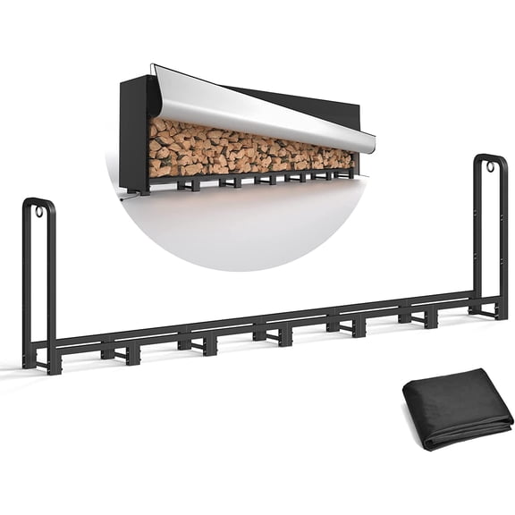 8-Foot Heavy Duty Outdoor Firewood Rack with Waterproof Cover, Upgraded Adjustable Log Holder, Black