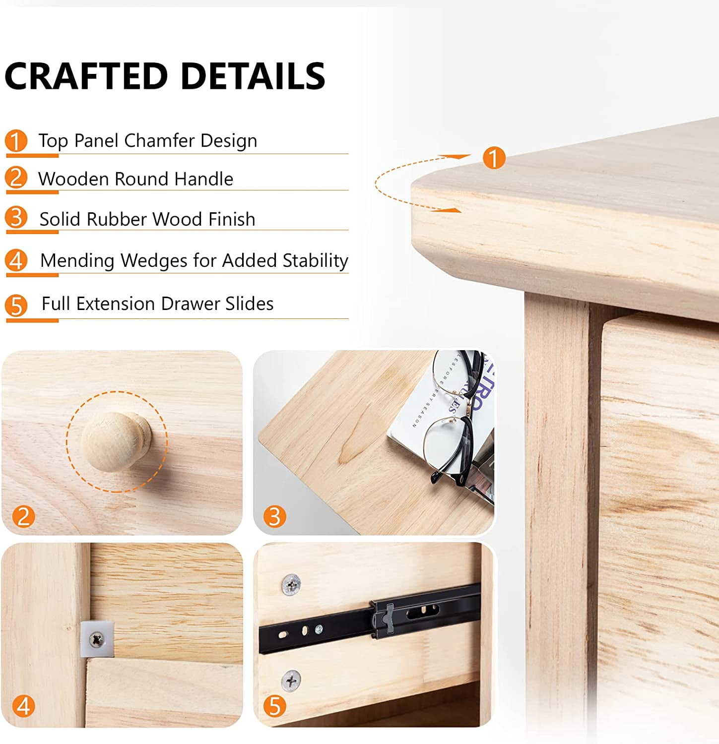 VINGLI Unfinished Farmhouse Natural Solid Wood Tall 6-Drawer Dresser for Bedroom Vintage Dressers Chests of Drawers