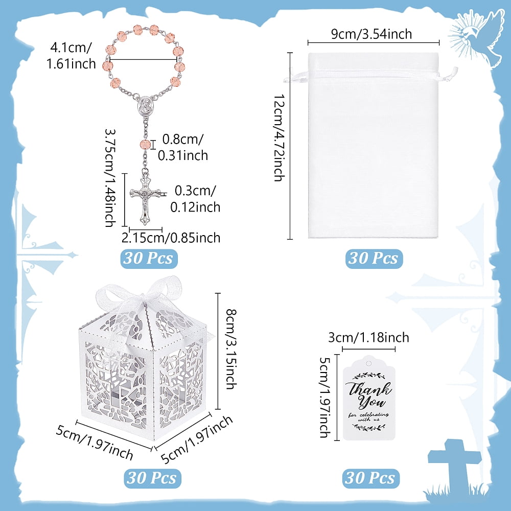 120PCS Baptism Favors Set Including 30 Mini Rosary Baptism Favors 30 Hollow Gift Boxes 30 Organza Bags 30 Thank You TagsDIY