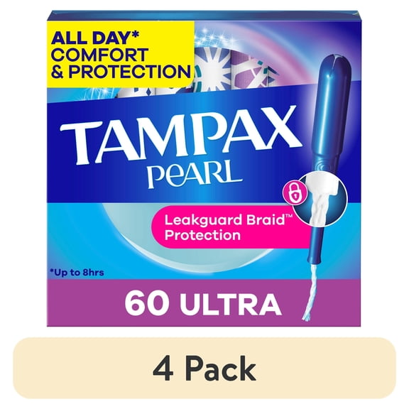 (4 pack) Tampax Pearl Tampons with LeakGuard Braid, Ultra Absorbency, 60 Count
