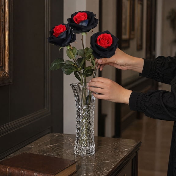 Hugtrea Artificial Rose Flower, Gothic Black Red Faux Silk Rose with Long Stem for Halloween Flower Arrangement, Home Wedding Centerpiece