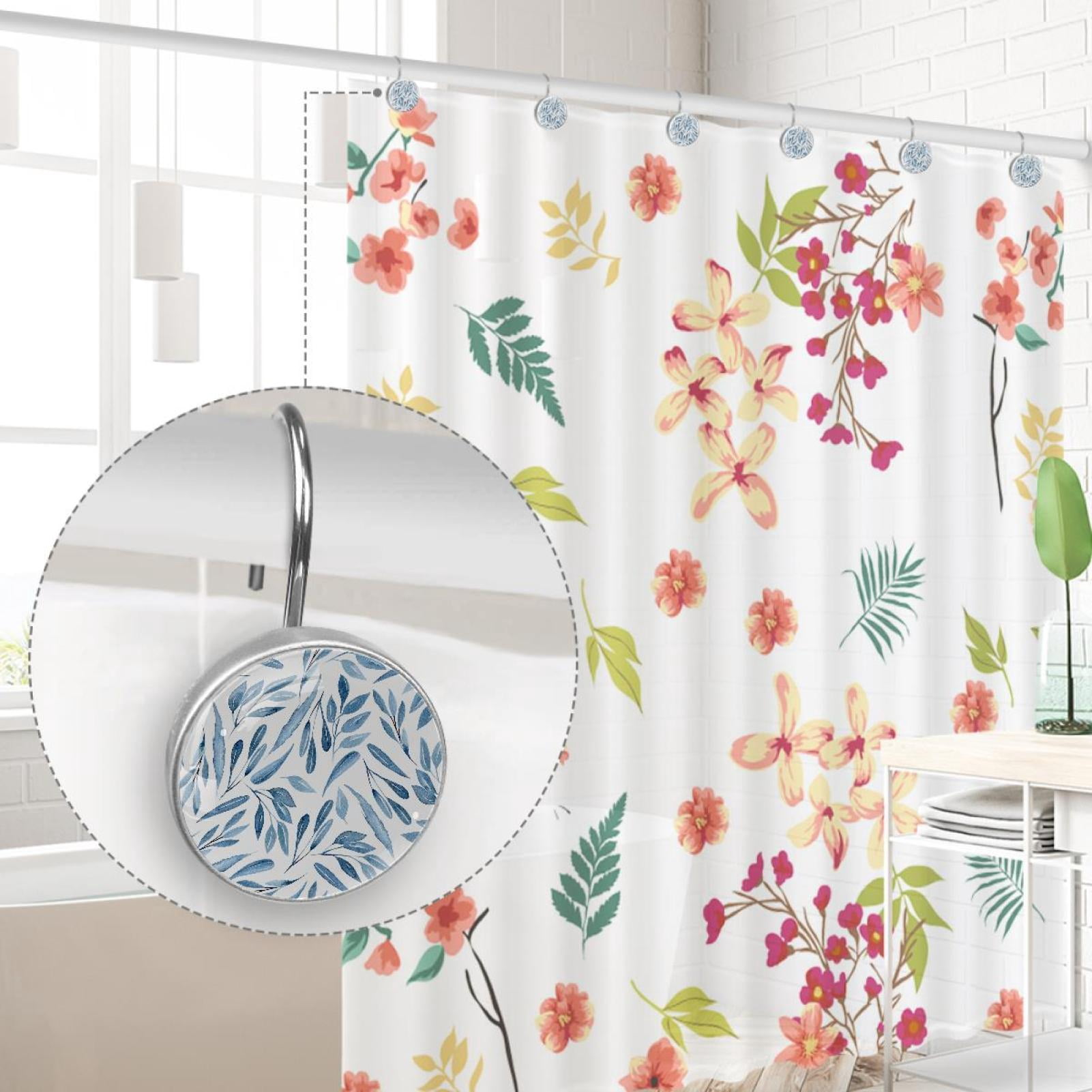 Blue Branches Leaves Shower Curtain Hooks（Set of 12）for Home Hotel Shower Rods Bathroom Crystal Glass Print Stainless Steel Round Curtain Hooks