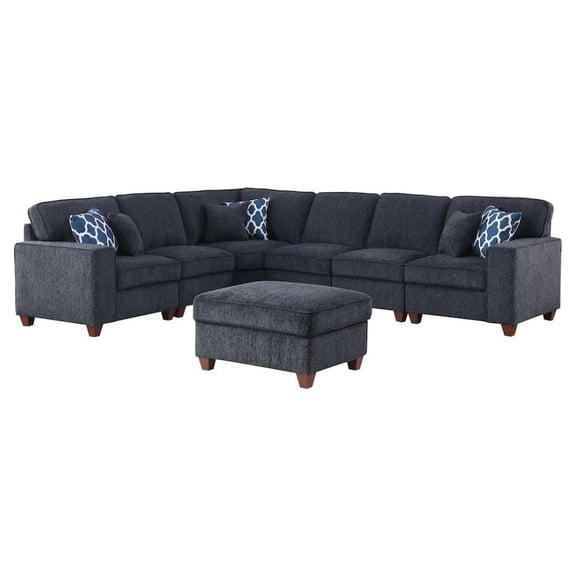 FurniFact Black Chenille Couch Sectional With Ottoman, 7-Piece L Shaped Sofa Set