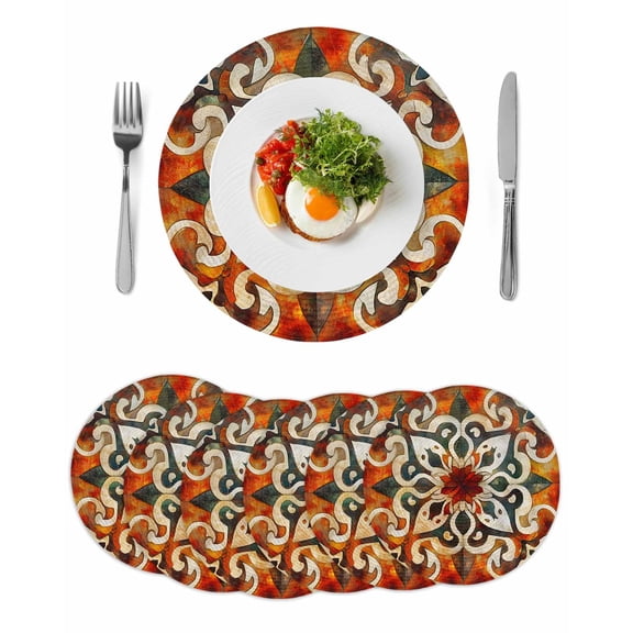 Burnt Orange Green Round 13 Inch Placemats Set of 6, Vintage Abstract Flowers HeatResistant Non Slip Place Mats for Dining Table, Wipeable Braided Kitchen Table Mats for Housewarming