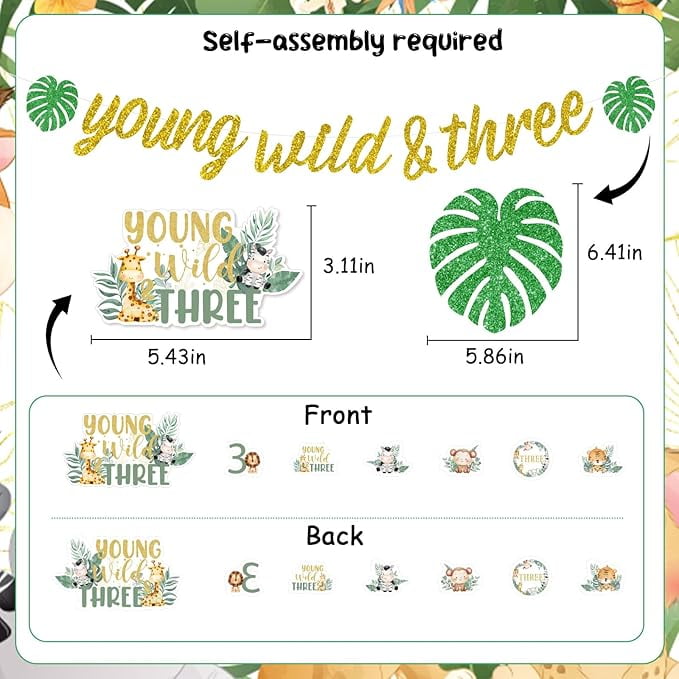 Young Wild And Three Decorations, Jungle Safari 3rd Birthday Decorations Backdrop Banner Jungle Animal Cake Cupcake Toppers Number 3 Foil Balloon for Boys 3rd Birthday Decor