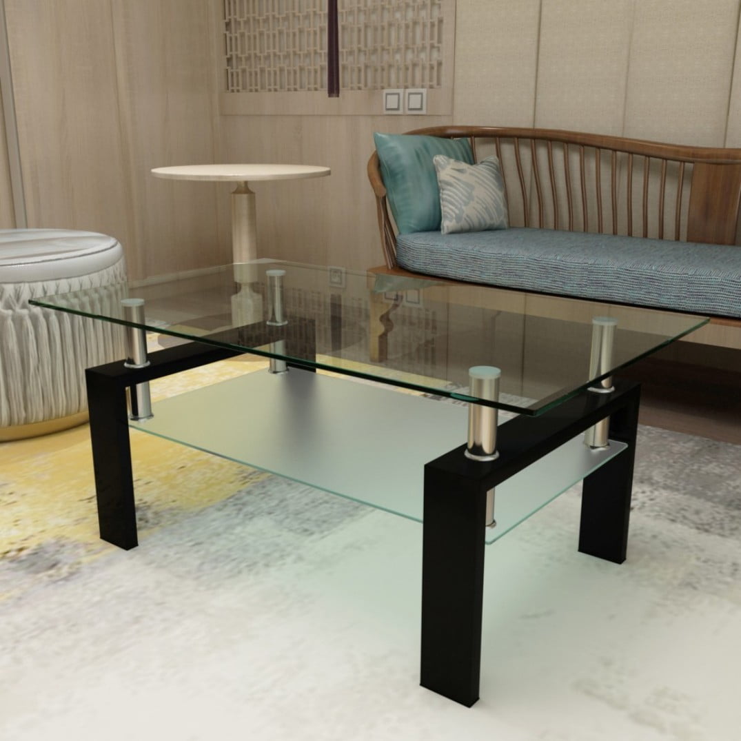 38.6" Rectangle Glass Coffee Table, Clear 2-Tier Center Table with Black Iron Frame, Modern Side Table for Living Room, Office, Apartment, 220 lbs Capacity