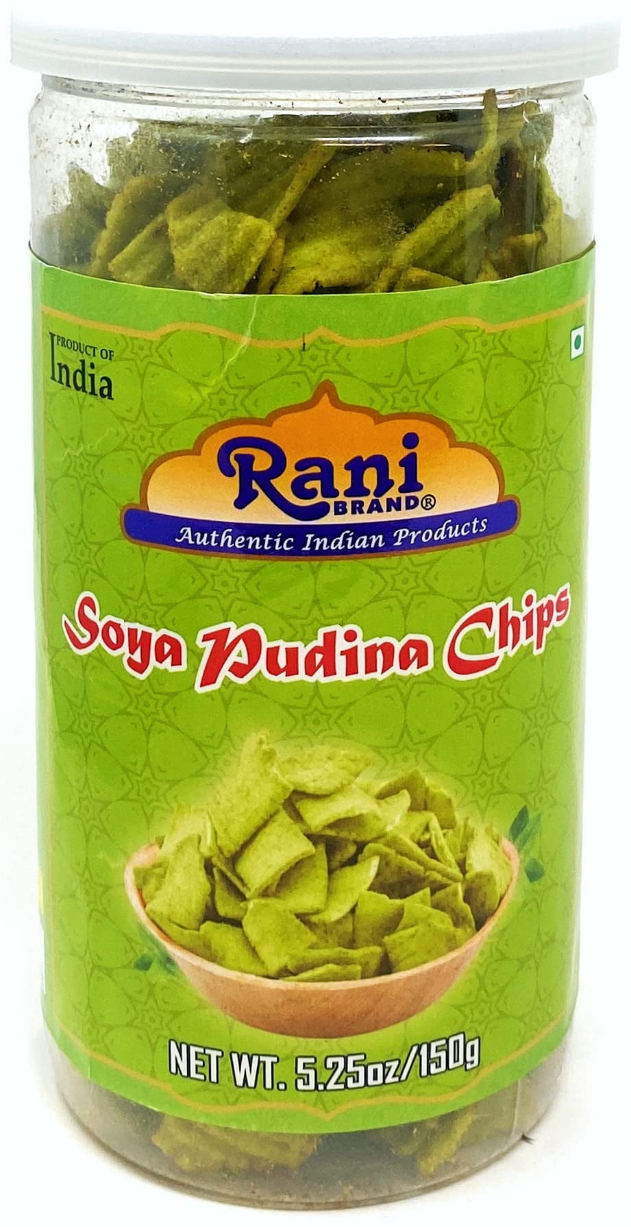 Rani Soya Chips Pudina 5.25oz (150g) Vacuum Sealed, Easy Open Top, Resealable Container ~ Indian Tasty Treats | Vegan | NON-GMO | Indian Origin