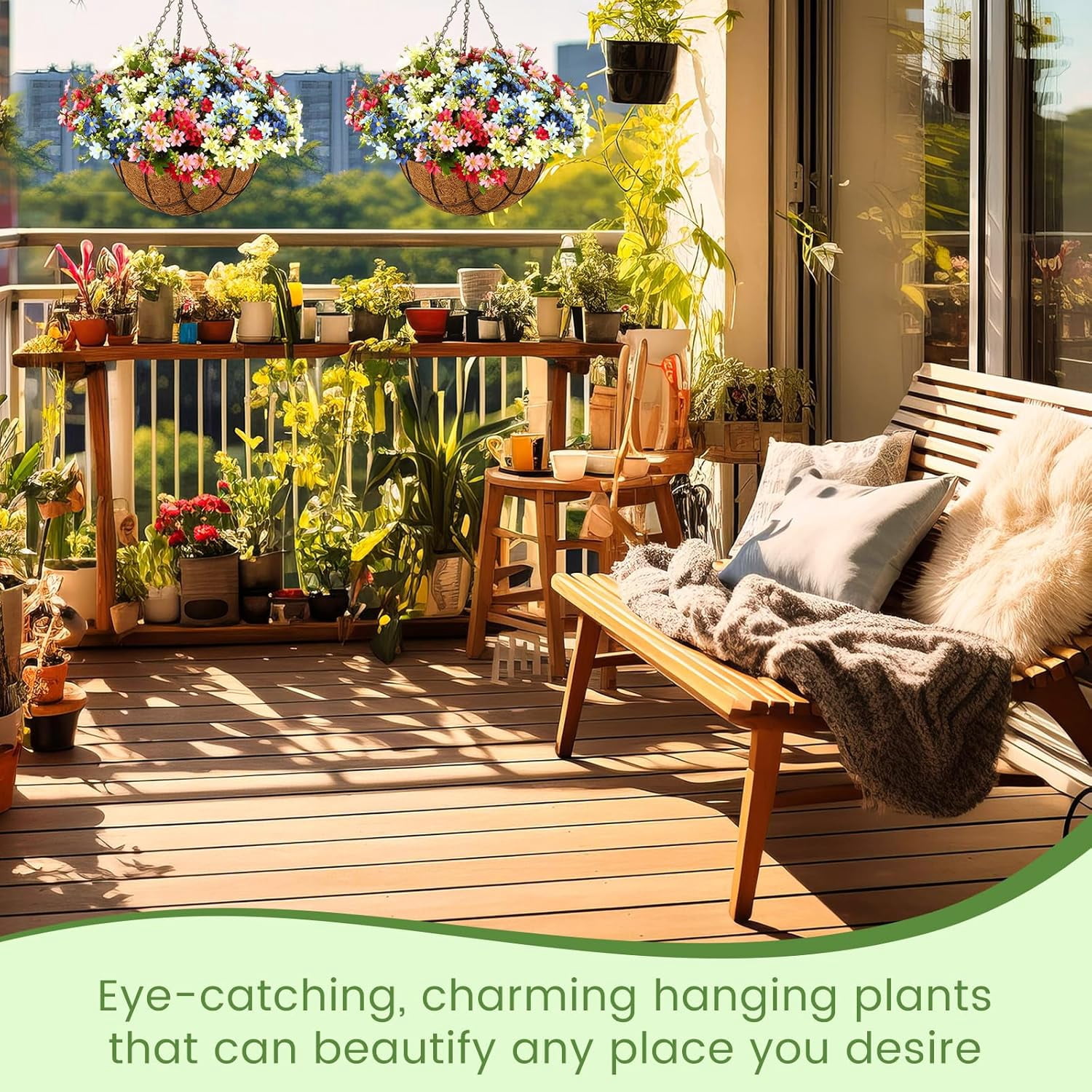 2 Pack Artificial Hanging Baskets with Flowers for Outdoors Fake Hanging Plants for Spring Summer Porch Home Decoration Artificial Daisy Flower Arrangement in Coconut Lining Baskets(Mix Color)