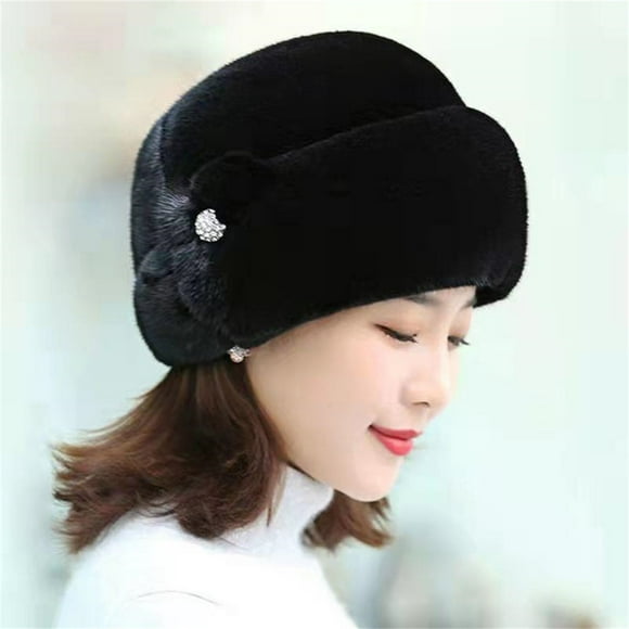 Bunenne Bucket Hats for Woman Chemo Headwear for Women Beanies for Winter Women's Hats Winter Faux Flower Decor Hats Elderly Hats Old Ladies Hats Fleece Beanie Turbans for Women Black One Size