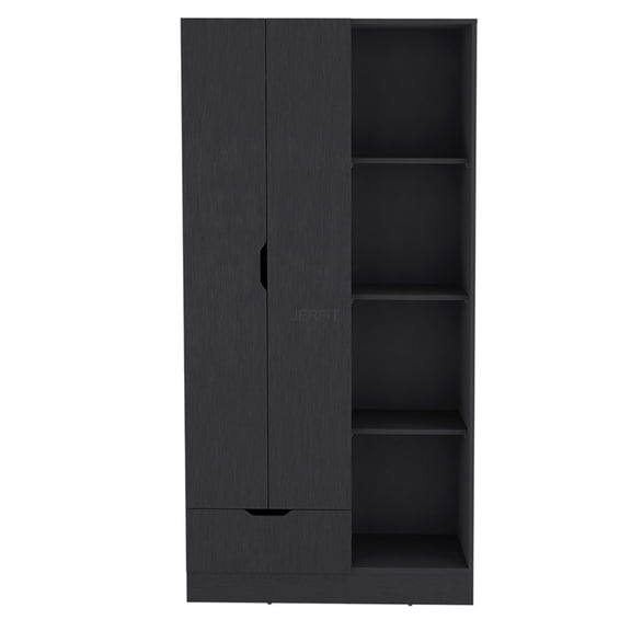 JERFIT Dover Black Armoire with Doors, 4 Shelves & Drawer, Freestanding Storage Cabinet for Bedroom, Closet Organizer