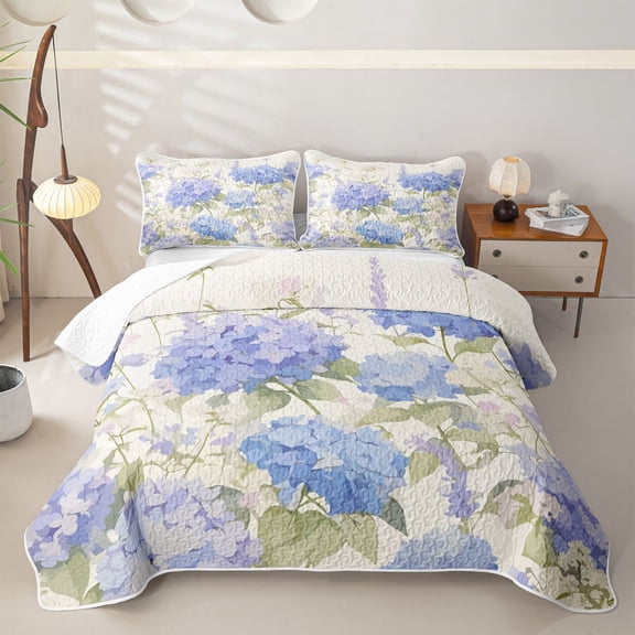 Manfei Chic Hydrangea Flower Twin Quilt Set, Garden Floral Twin Coverlet Set, Baby Blue Cream Green 2 Pieces, 1 Bedspread and 1 Pillowcase