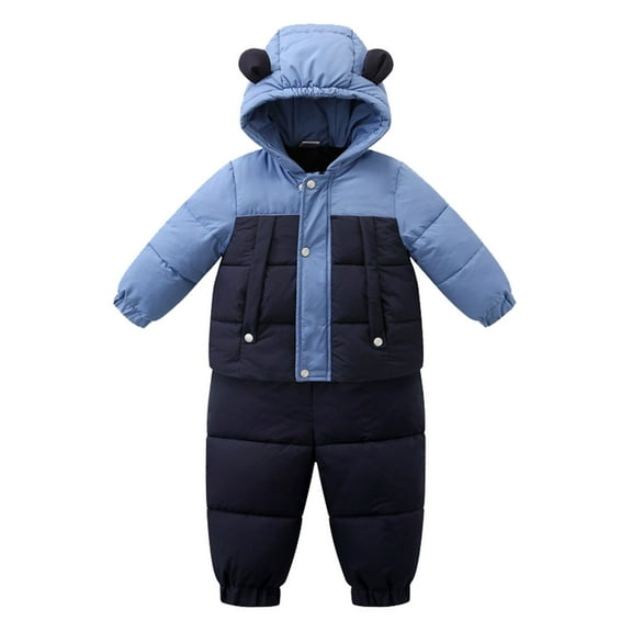 Krdevn Boys Girls Winter Hooded Snowsuit 2-in-1 Reversible Thicken Padded Jumpsuit Windproof Warm Snow Wear Outwear,Color:Blue,Size:18-24 Months