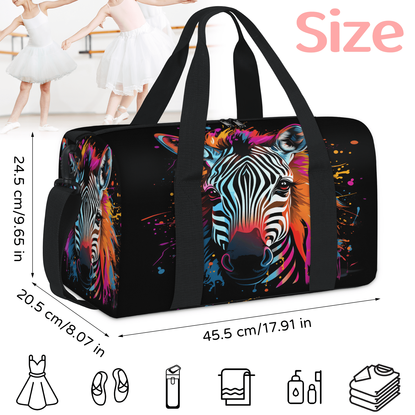 Herdesigns Doodle Zebra Gym Bag for Women, Duffle Bag for Travel Sport, Zebra Print Lightweight Waterproof Carry on Weekender Dance Yoga Workout Bags