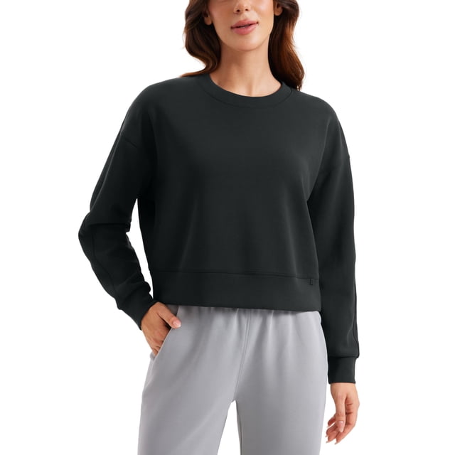 Sudadera CRZ YOGA SoftAura con cuello redondo y manga larga negra para mujer