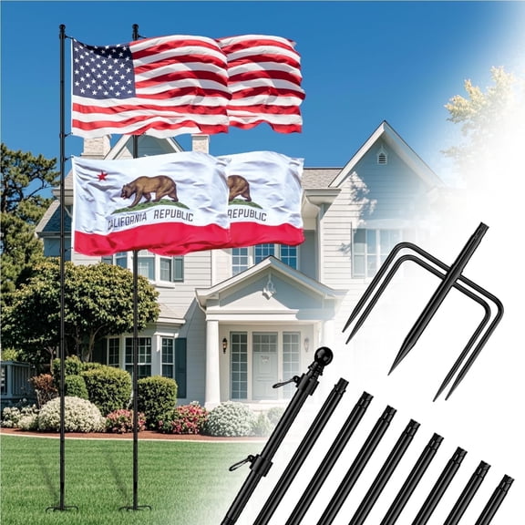 FIASON 1 Pack 12 FT Black Stainless Steel Flag Pole, Heavy Duty Tangle-Free Flagpole with 5-Prong Base, In-Ground Outdoor Yard Commercial Garden Flag Holder Kit, No Flag Included