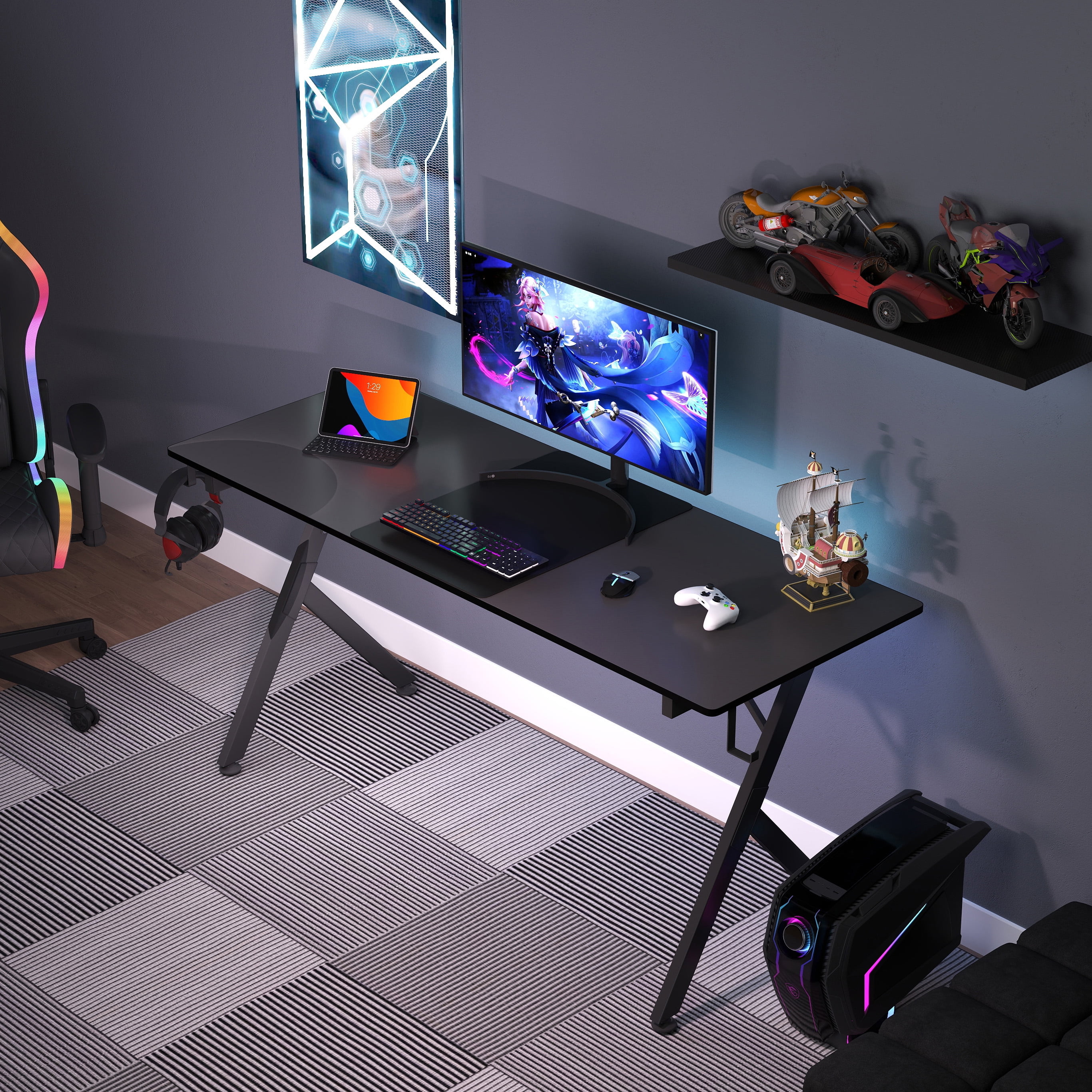 JJS Game Table 63 ", carbon fiber surface computer table, mouse pad, ergonomic e-sports style game table, dual headphone hooks, Black