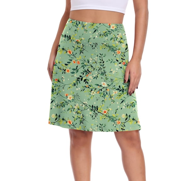 Asklazy Women's High Waisted Midi Skirt,Knee Length A-Line Flowy Swing Skirt,Soft Stretch Knit Work Skirt,Mother‘s Day,Ju Bai Green,L