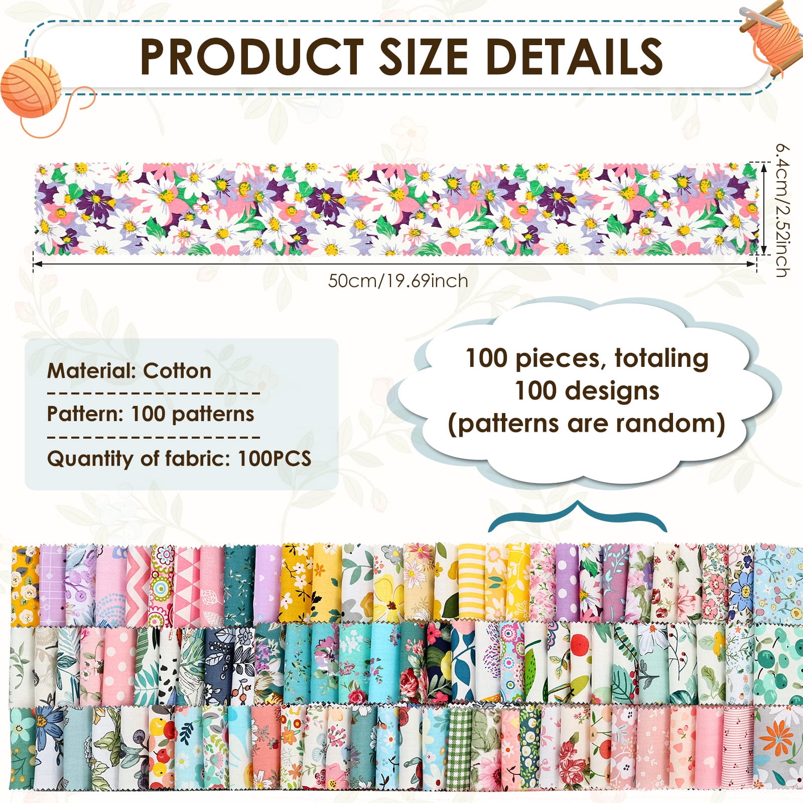 100 Pcs Jelly Roll Fabric Strips for Quilting, Crafting, and Sewing, 100 Strip Assorted Bundle, Soft Cotton for Blanket, Rug, Upholstery, Home Decor, and Purse Making, Cottagecore