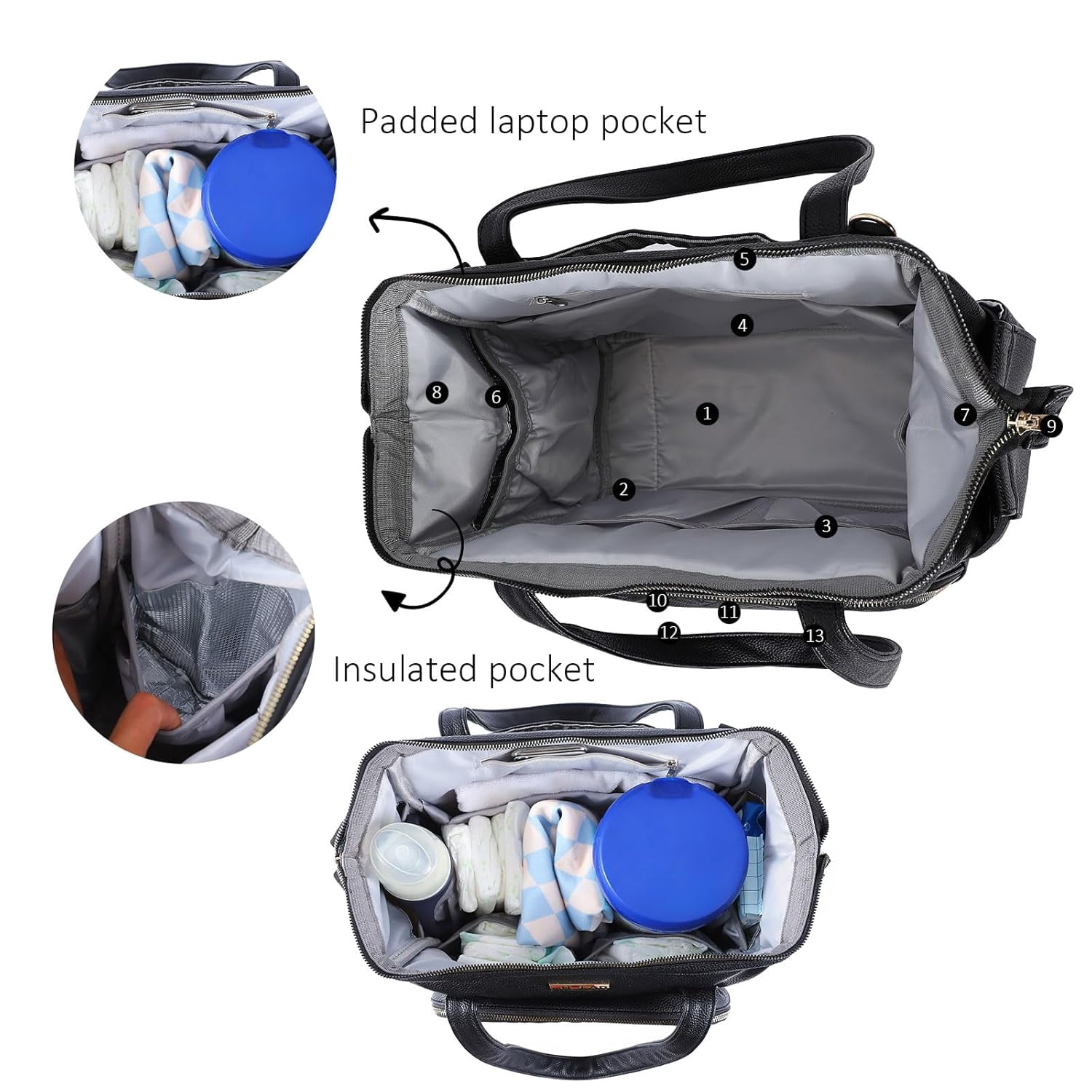 Baby Bag , Diaper Bags with 13 Pocket ,Diaper Bag Tote for Mom and Dad, Waterproof Stylish Leather Baby Diaper Bag for Travel(Black)