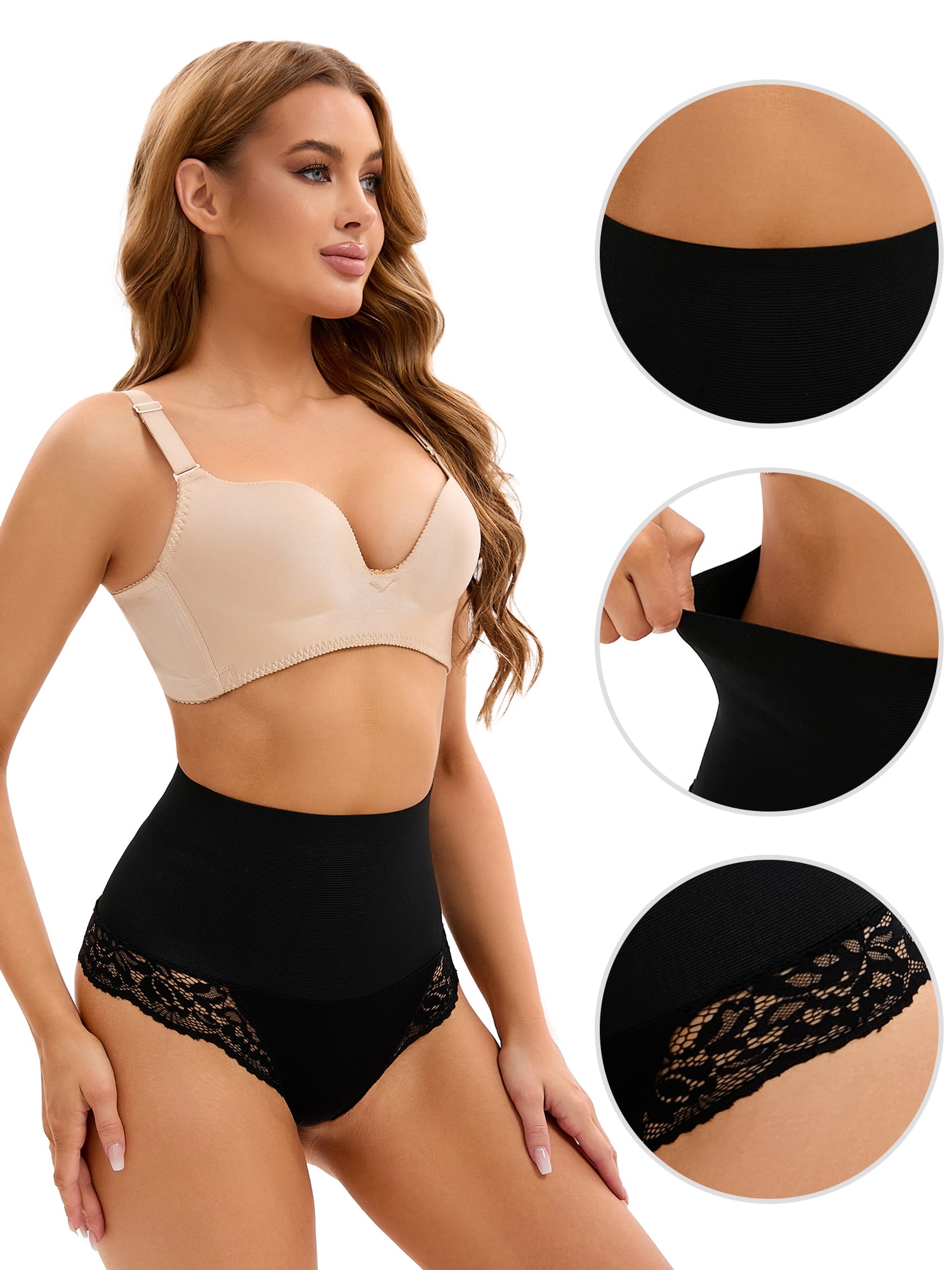 Unique Bargains Women's Lace Trim Underwear Briefs High Waist Shapewear Panties M Black
