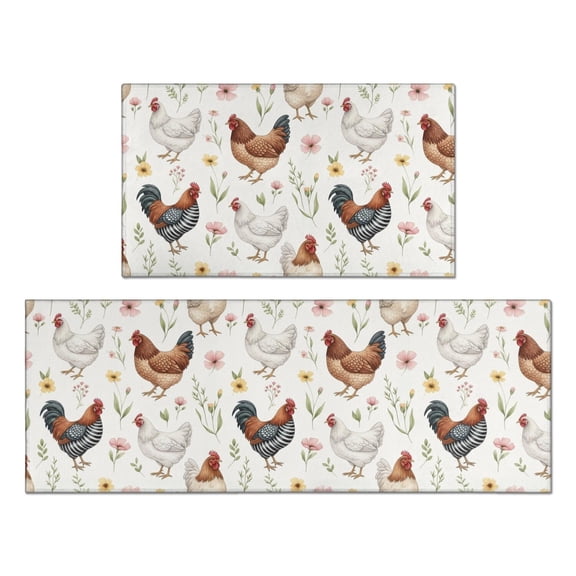 Rooster and Floral White Pattern Anti Fatigue Kitchen Rugs Set Of 2, Non Slip Washable Decorative Floor Mats for Kitchen Sink Laundry, 17"x30" and 17"x47"