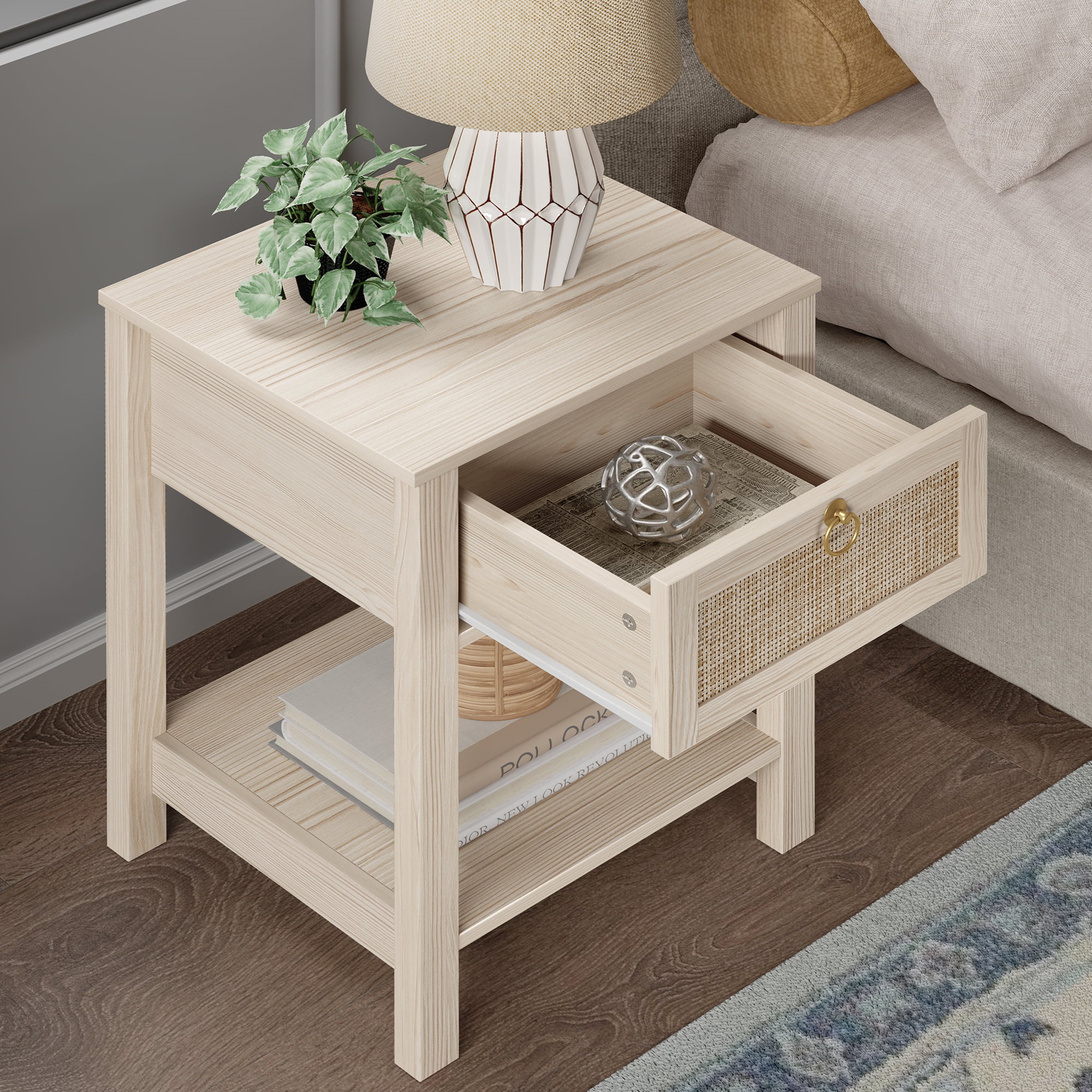 SICOTAS Rattan White Nightstands Set of 2, Modern Engineered Wood and Rattan End Tables with 1 Drawer