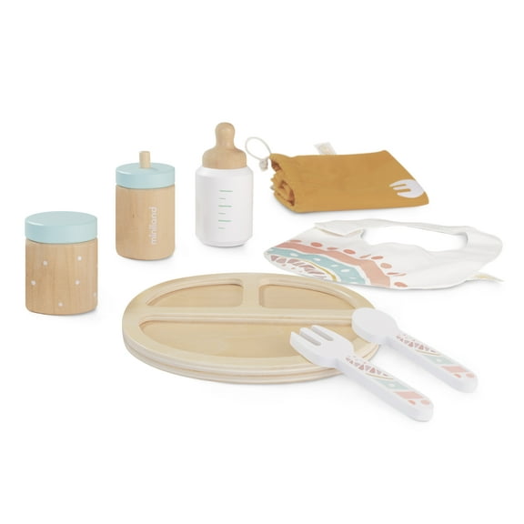 Miniland Doll Wooden Feeding Set. Quality accesory Set for Dolls plays made with ECO materials