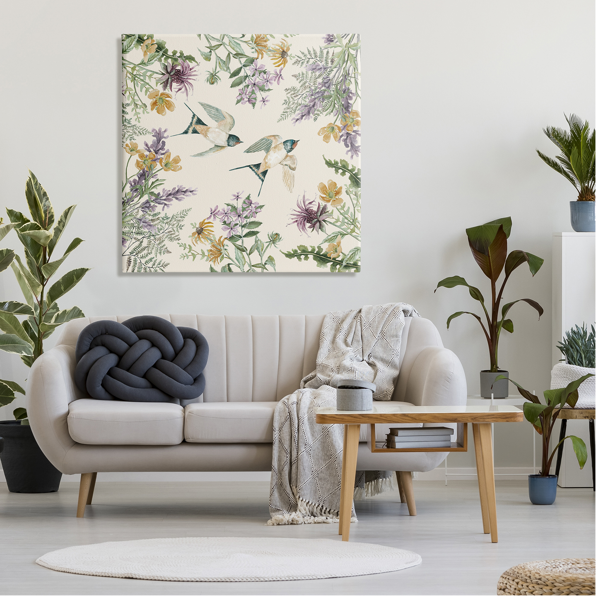 Stupell Two Birds Cottage Floral Herbs Animals & Insects Painting Gallery Wrapped Canvas Print Wall Art