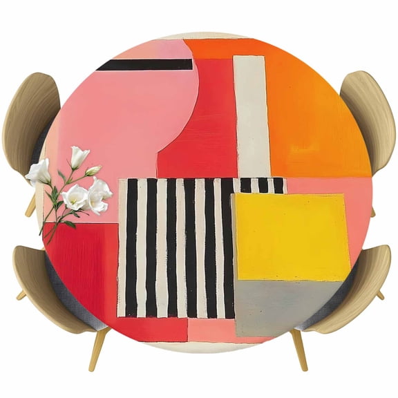 Pink Red Orange Round Tablecloth 45-54 Inch Round Fitted Table Cloth with Elastic Edge, Modern Abstract Oil Painted Geometric Waterproof Table Cover Protector for Outdoor Picnic Party Dining