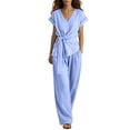 thumbnail image 3 of VBVC Women's Wrap Tie 2 Piece Work Set,Short Sleeve Top and Wide Leg Pants For Women, Ladies' Breathable Summer Loungewear With Pockets,Light Blue,S-3XL, 3 of 8