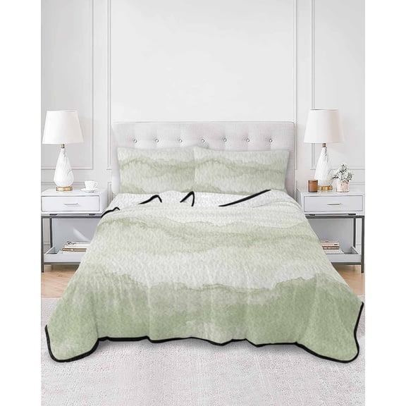 Quilts Queen Size, Sage Green Ombre Mountain Soft Comforter Bedding Set for Bed, Nature Abstract Art Marble Lightweight Quilted Bedspread with Pillow Cover(2 Pieces) for All Season, 90x96 Inch