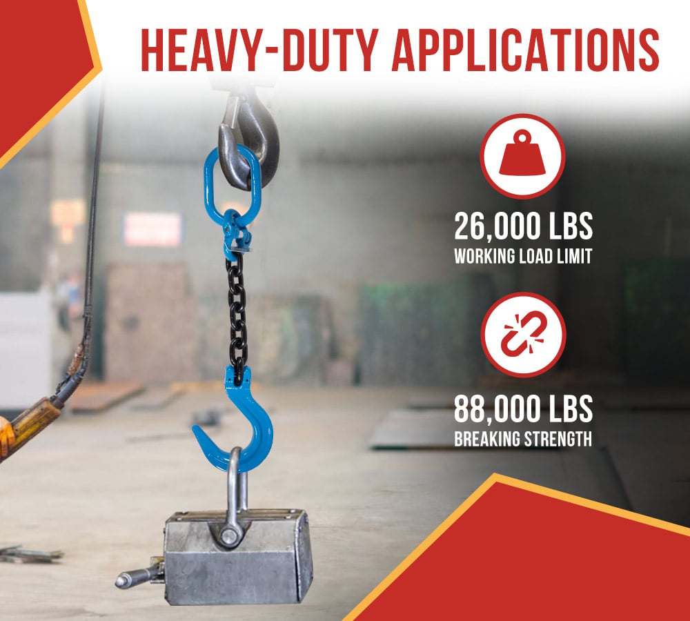 thumbnail image 3 of 2 Pack 5/8" x 2' Single Leg Chain Sling | 22,000 Lbs WLL | Oblong Link-to-Sling Hook Ends | G100 Chains for Lifting and Handling, Industrial Machinery Hoisting Ring Chain Hanging, 3 of 12
