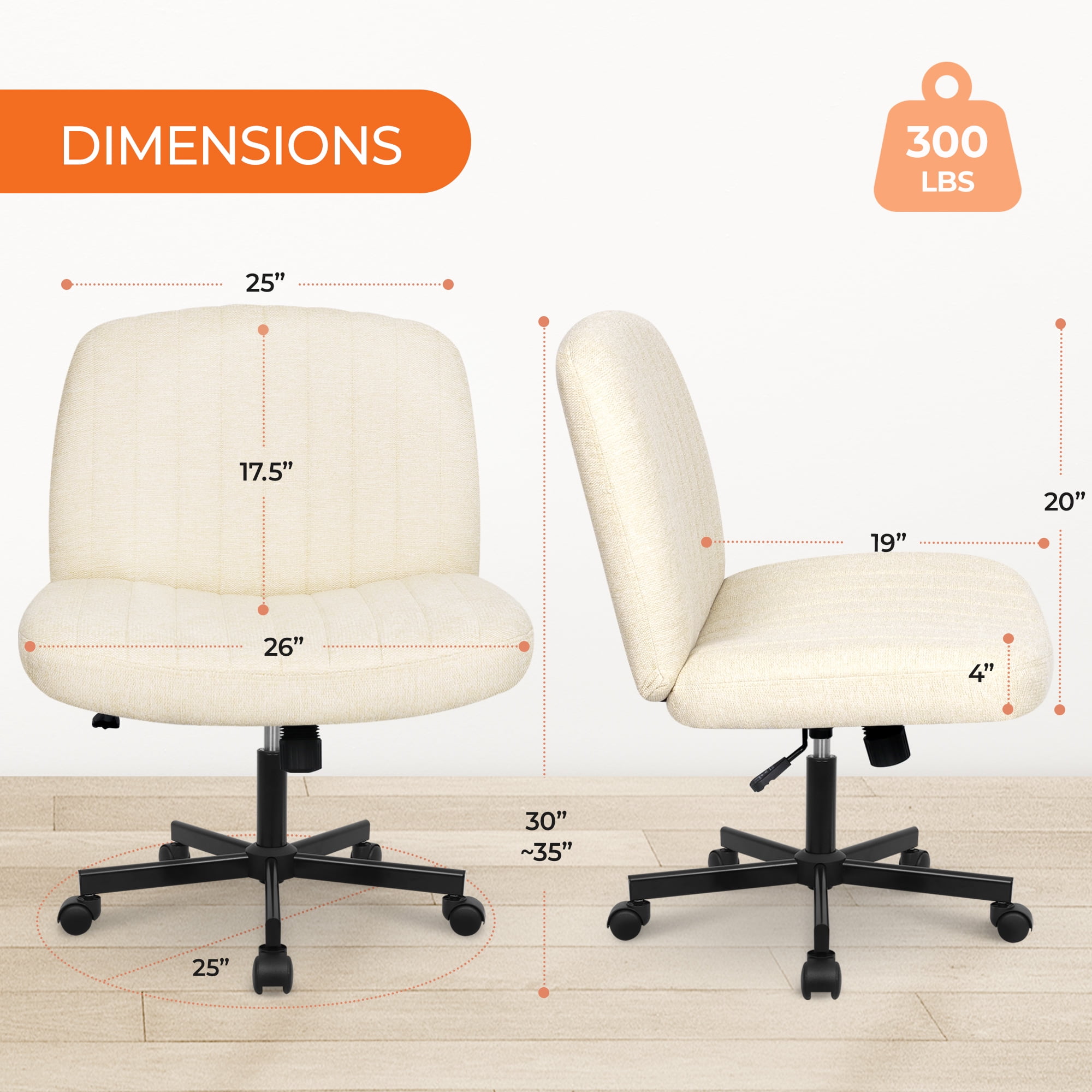 Orange Factory Criss Cross Chair Wheels Wide Cross Legged Office Desk Vanity Chair Comfy Fabric Armless Adjustable Swivel for Home Computer Task (Beige Wheel, Fabric)