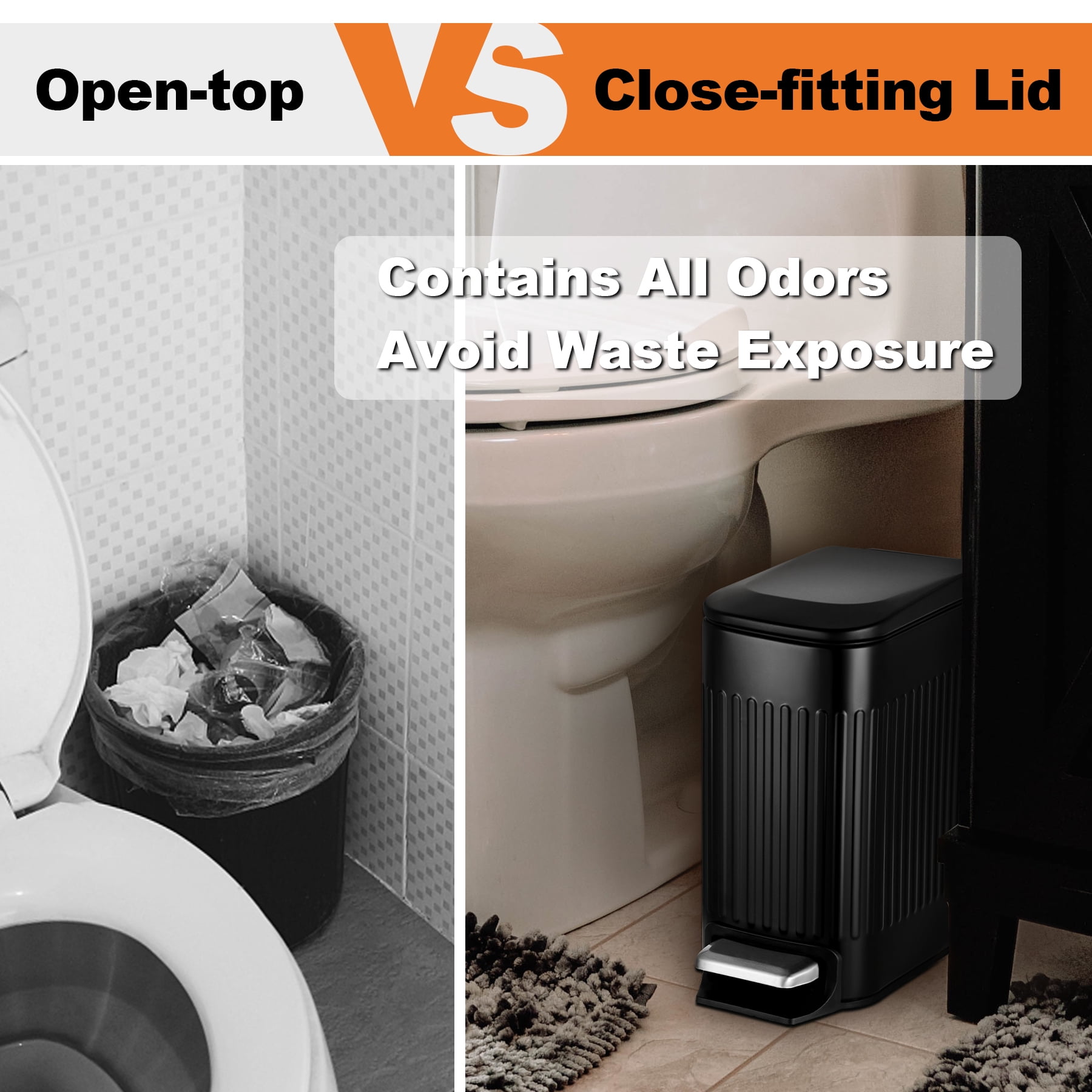 TrashAid 1.6 Gallon Bathroom Trash Can with Lid, Small Stainless Steel Garbage Bin, Black