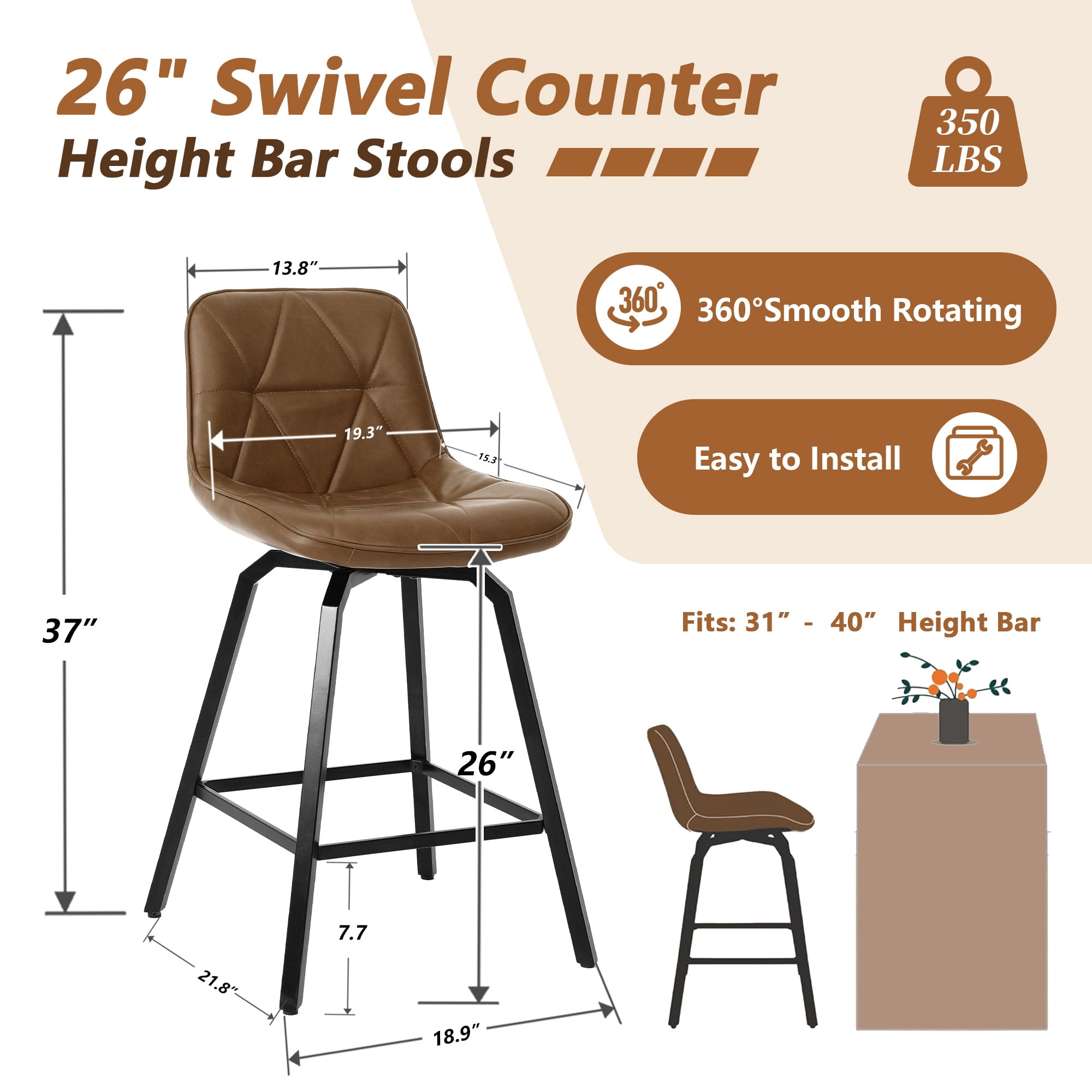 Fancrou 26″ Swivel Counter Height Bar Stools Set Of 3, Triangular Pattern Faux Leather Seat With Metal Legs And Back, Darkbrown