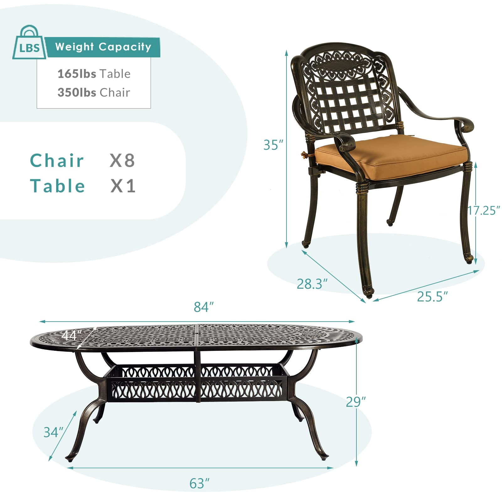 MEETWARM 9-Piece Outdoor Furniture Dining Set, All Weather Cast Aluminum Patio Garden Set with 8 Chairs, 8 Cushions, 1 Oval Table, 2.2" Umbrella Hole, Dark Bronze