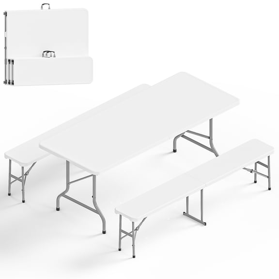 Ktaxon 3-Piece Outdoor Picnic Tableset, 6Ft HDPE Folding Table with 2 Folding Benches, High Quality Weather Resistant Patio Set for Indoor Outdoor Camping Parties Commercial Events, White