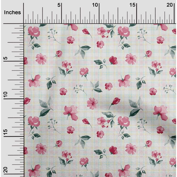oneOone Cotton Silk Fabric Check|Watercolor Leaves & Flower Floral Print Fabric By Yard 42 Inch Wide