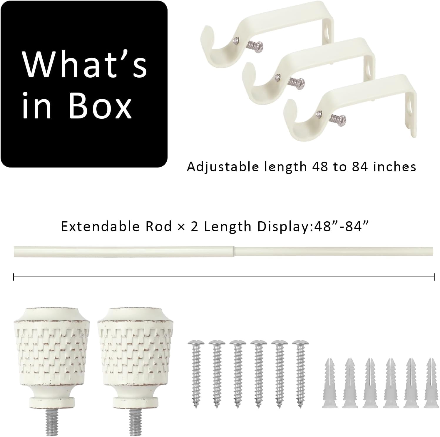 eTeckram 5/8" Single Curtain Rod with Vieve Finials,Weathered White,48‘’-84‘’