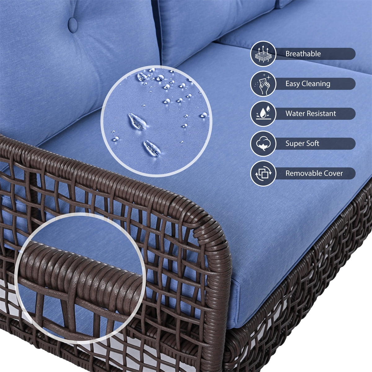 HighSound Patio Furniture Set, 5 Piece Outdoor Conversation Set with Rocking Swivel Chairs, Wicker Rattan Outdoor Sofa Set with Coffee Table for Backyard, Deck, Porch, Blue Cushions