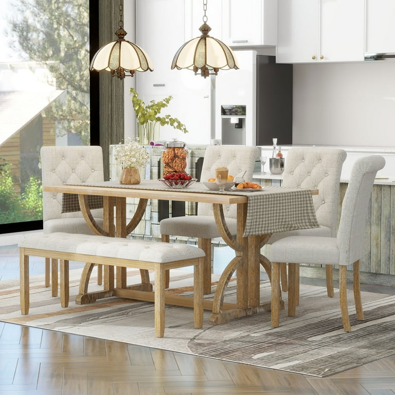 Rhomtree Retro 6 Piece Dining Table Set for 6 60 L Rectangular Table with 4 Upholstered Chairs 1 Bench Solid Wood Kitchen Dining Rooms Table Set for