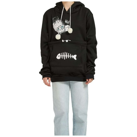 Women's Hoodies with Huge Front Pocket, Warm Fleece Dog Pouch Sweatshirts Pet Carrier Pullovers Animal Holder Tops