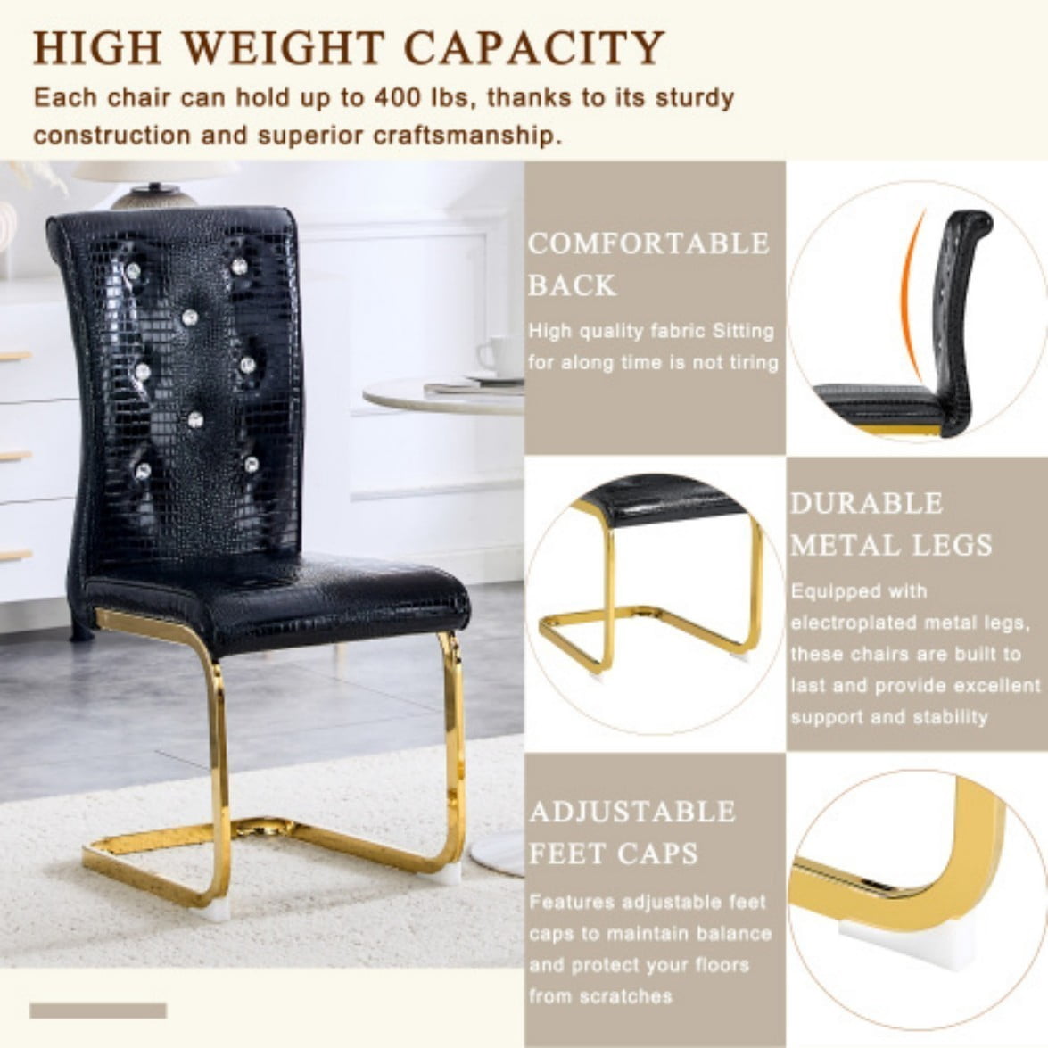 Set of 2 Retro Dining Chairs, Faux Alligator Leather Upholstered Chairs with Crystal Button Details & Plated Metal Bow Legs, 400 LBS, Black & Gold