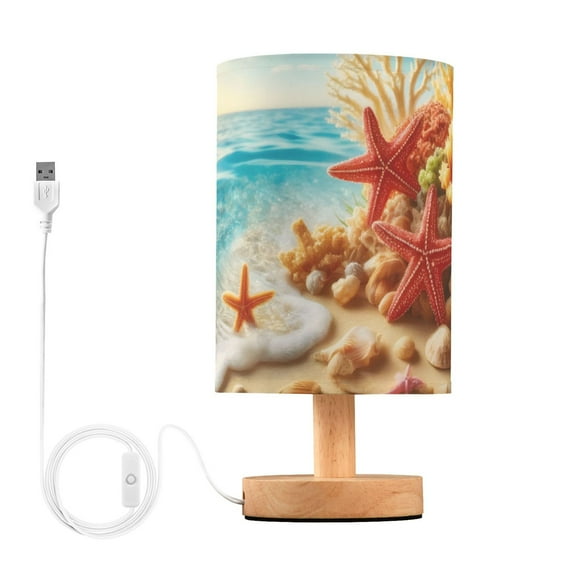 Starfish Coral Seashell Beach Sea Bedside Desk Lamp LED Table Nightstand Lamps Warm Light Fabric Lampshade for Home Bedroom Office Living Room Decor