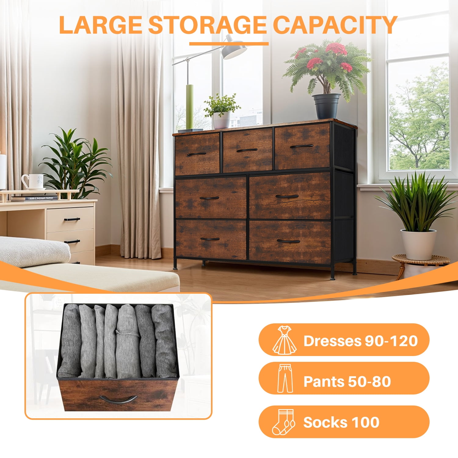 Simenmax 7 Drawer Dresser for Bedroom, Fabric Storage Dresser for Bedroom, Wood and Metal Dresser TV Stand for Living Room, Storage Tower with Bins, Chest of Drawers for Closet, Hallway,Brown
