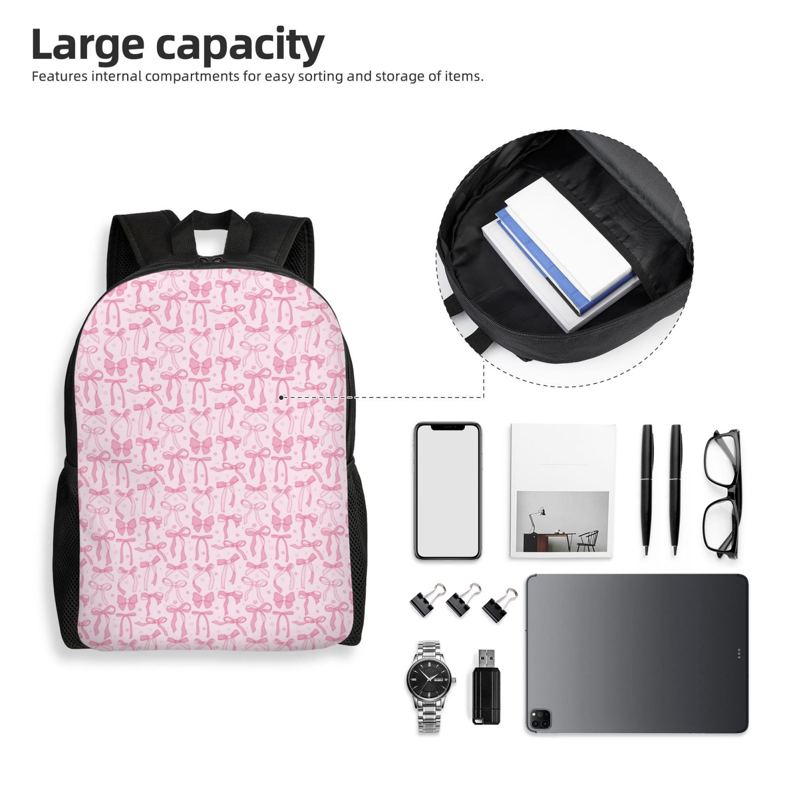 Xecao Ribbon Bow Print School Backpack with Laptop Compartment Small Travel Laptop Backpack for Women Men Waterproof College Backpack Simple School Bag